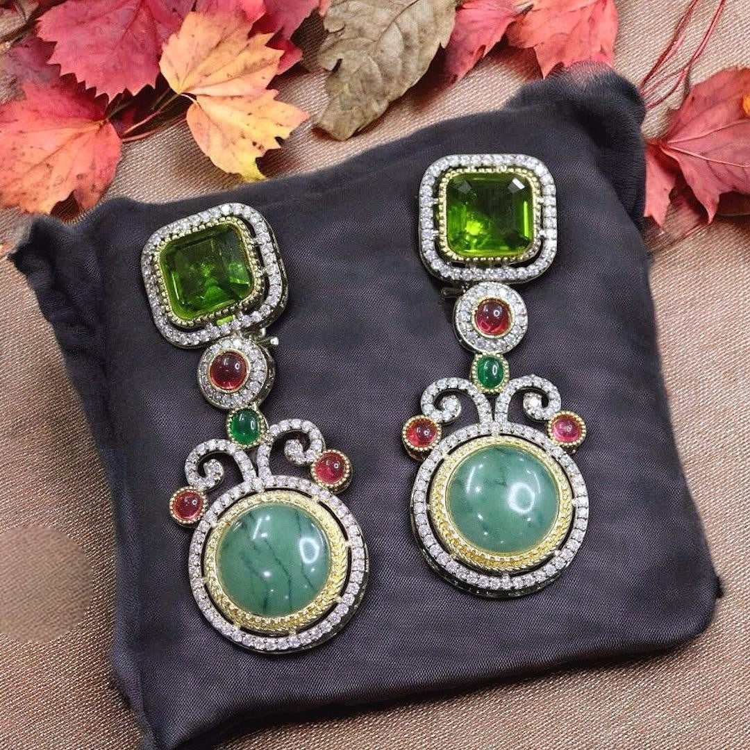 Emerald Green Square & Teal Round Stone Dangler Earrings Designer Statement Jewelry