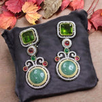Emerald Green Square & Teal Round Stone Dangler Earrings Designer Statement Jewelry