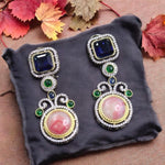 Emerald Green Square & Teal Round Stone Dangler Earrings Designer Statement Jewelry