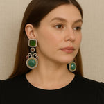 Emerald Green Square & Teal Round Stone Dangler Earrings Designer Statement Jewelry