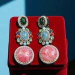 Multicolor Gemstone Dangler Earrings with Pink Stone Centerpiece Statement Handmade Jewelry