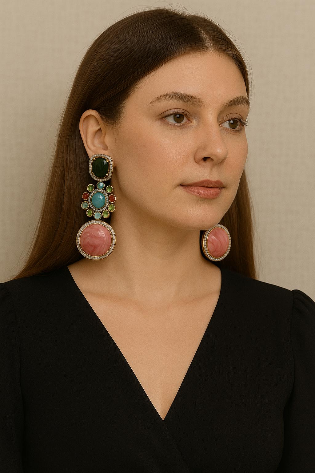Multicolor Gemstone Dangler Earrings with Pink Stone Centerpiece Statement Handmade Jewelry