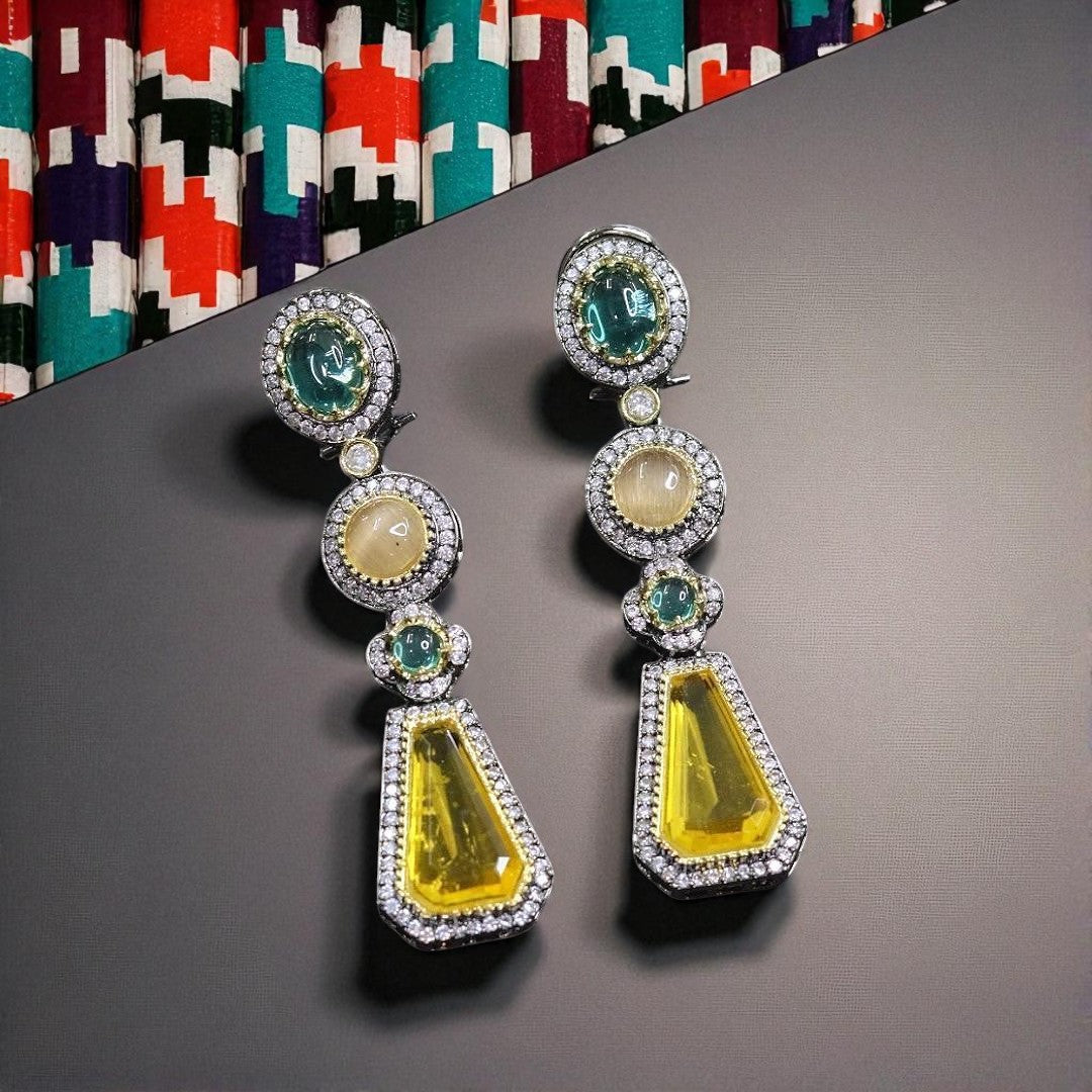 Bold Geometric Multi-Stone Drop Earrings Emerald Green, Champagne & Yellow Crystal Dangler