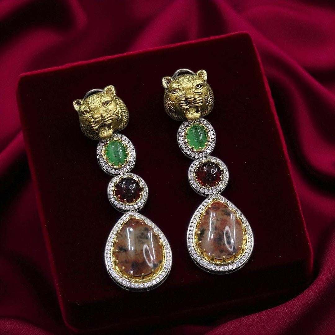 Luxury Panther Head Statement Earrings with Green, Pink & Purple Gemstones