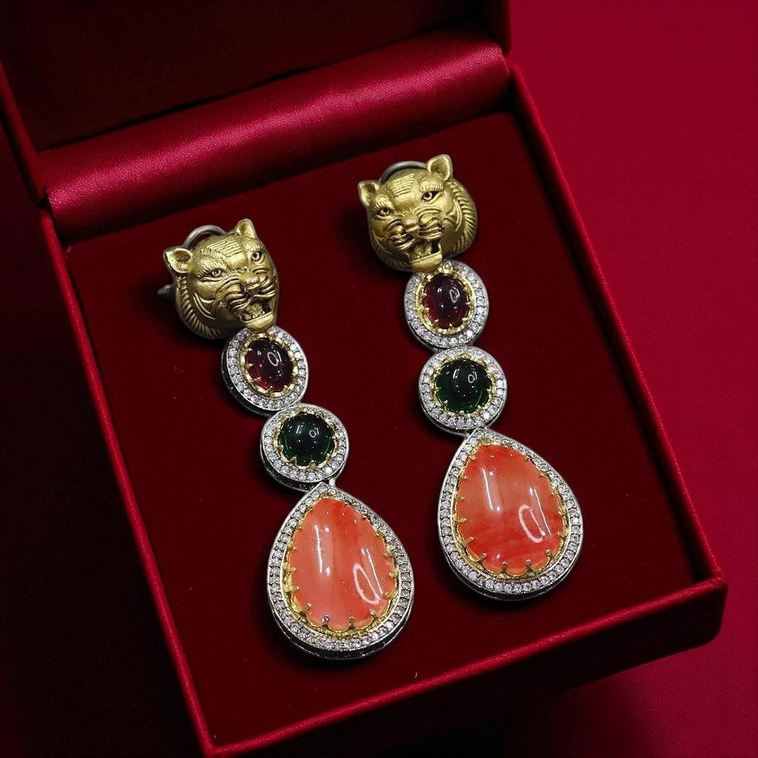 Luxury Panther Head Statement Earrings with Green, Pink & Purple Gemstones