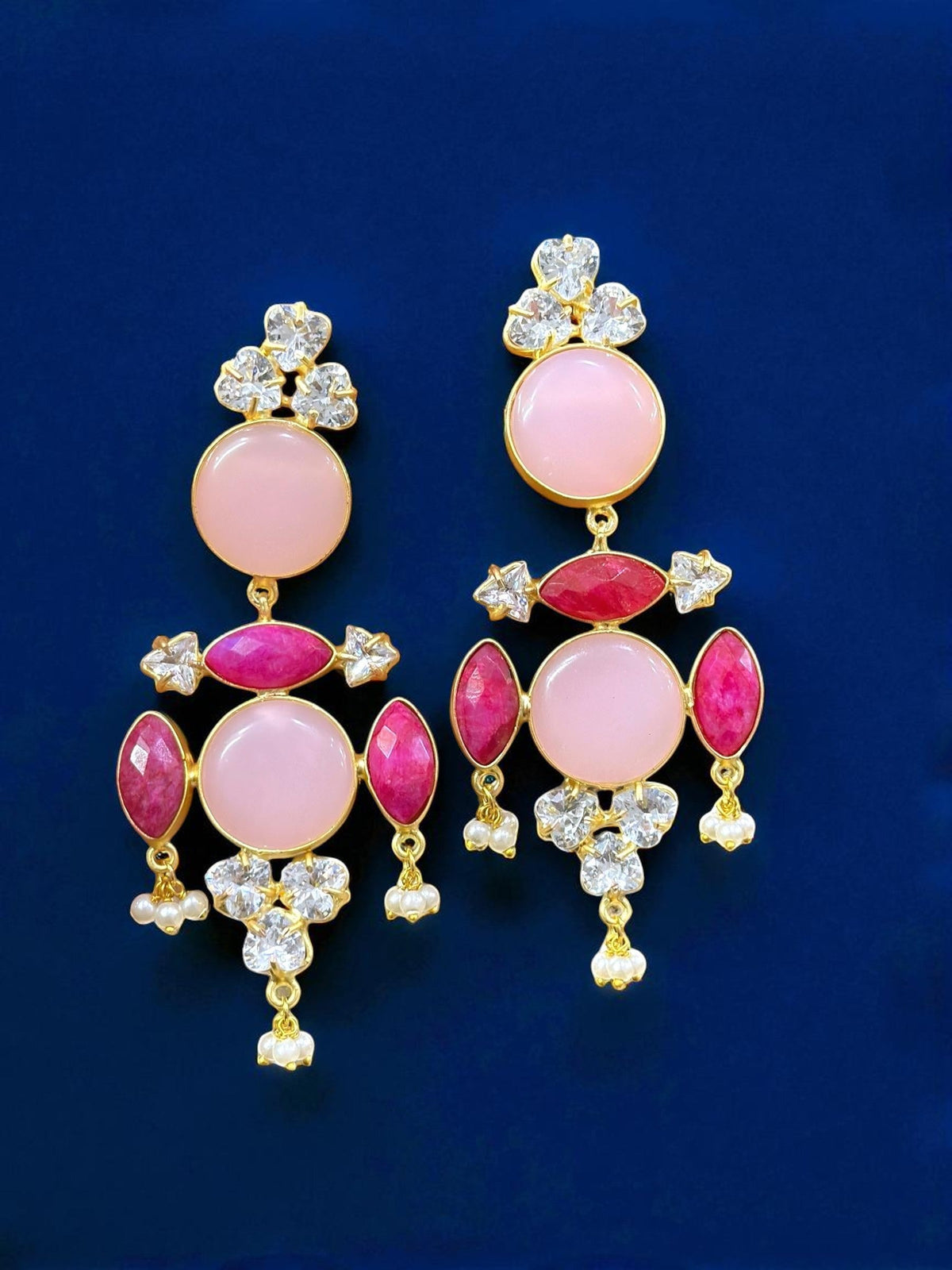 Elegant Pink & Ruby Red Stone Dangler Earrings with Pearl Drops