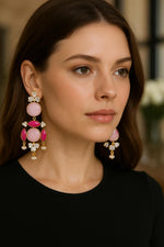 Elegant Pink & Ruby Red Stone Dangler Earrings with Pearl Drops