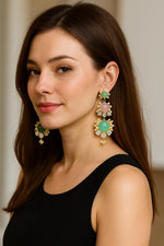 Pastel Green & Pink Stone Long Earrings with Pearl Beads & CZ Accents