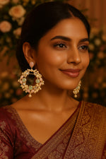 Pastel Green & Pink Circular Hoop Earring with Pearl Beads & CZ Stones