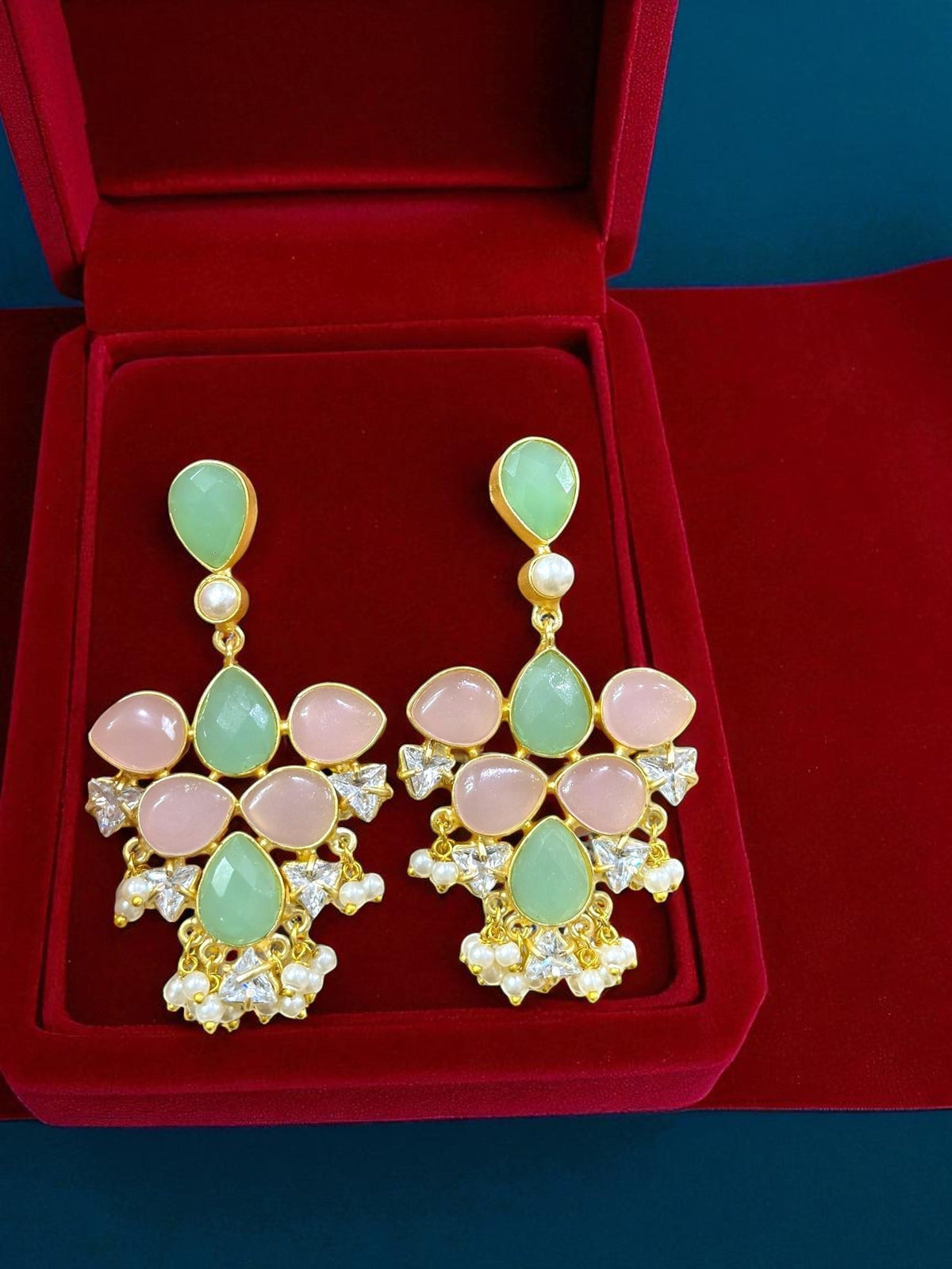 Mint Green & Baby Pink Teardrop Earrings with CZ Accents & Pearl Danglings