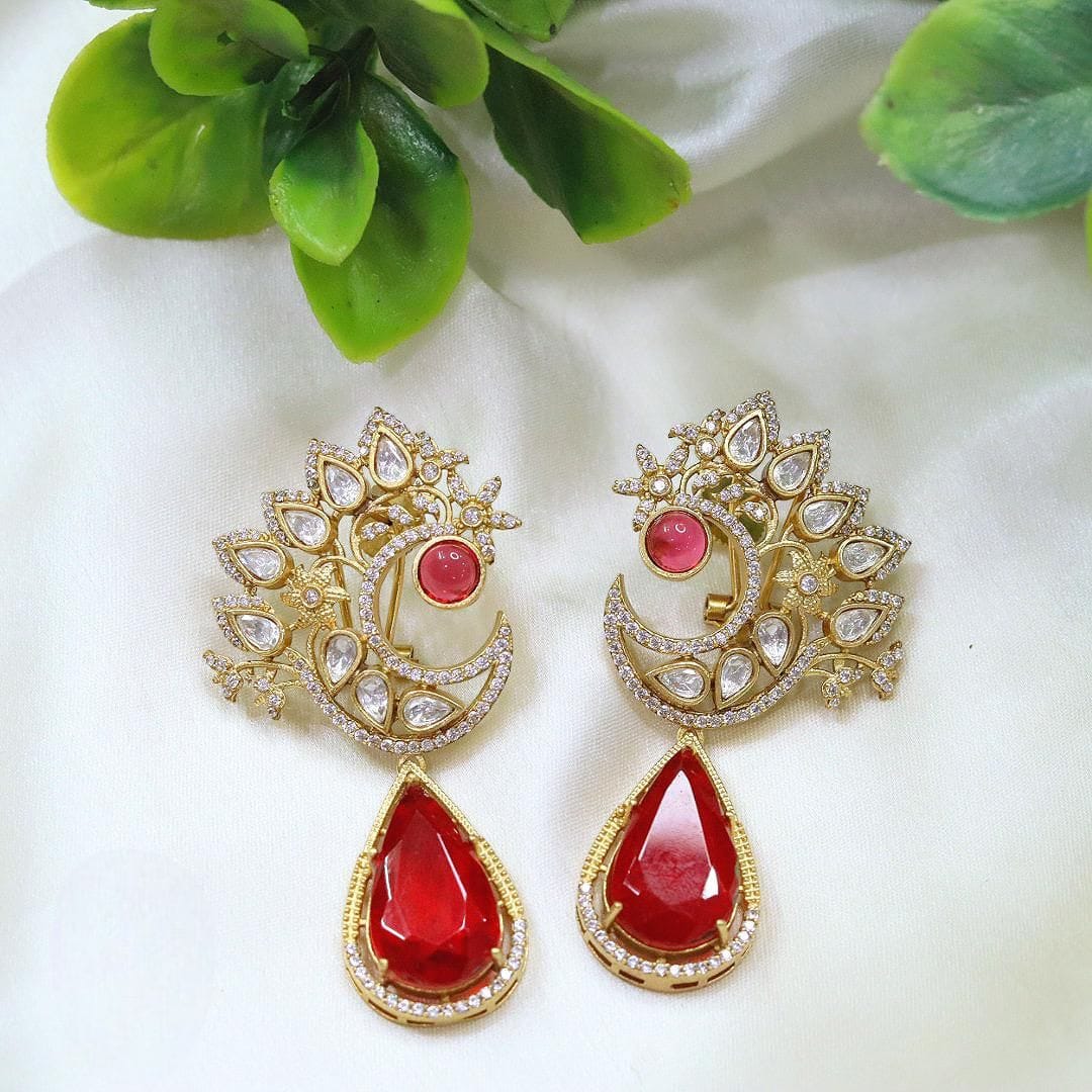 Red Crescent Kundan Drop Earrings – Designer Statement Jewelry
