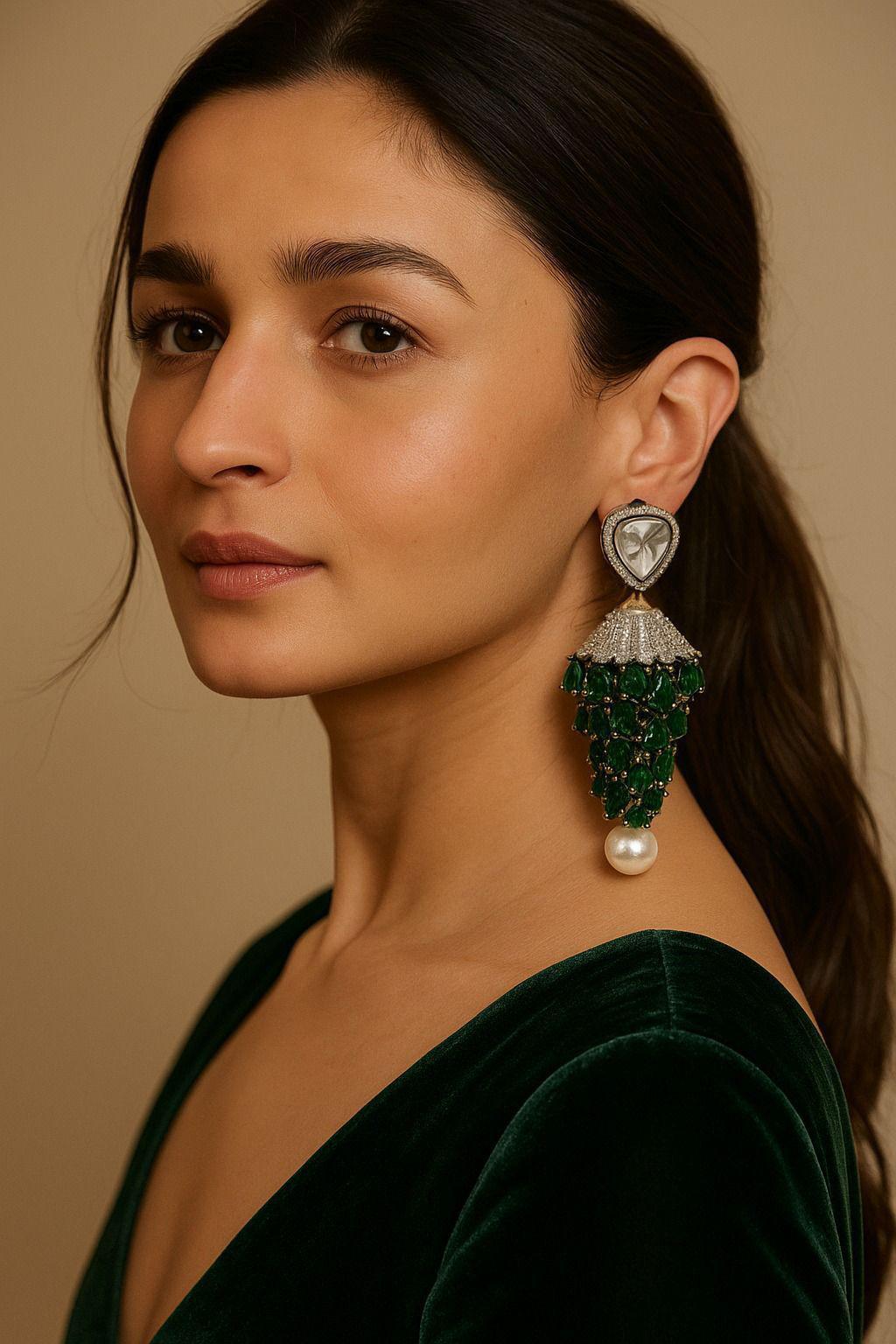 Alia Bhatt Inspired Emerald Jhumka Earrings with Pearl Drop & Mirror Work Bridal Statement Jewelry