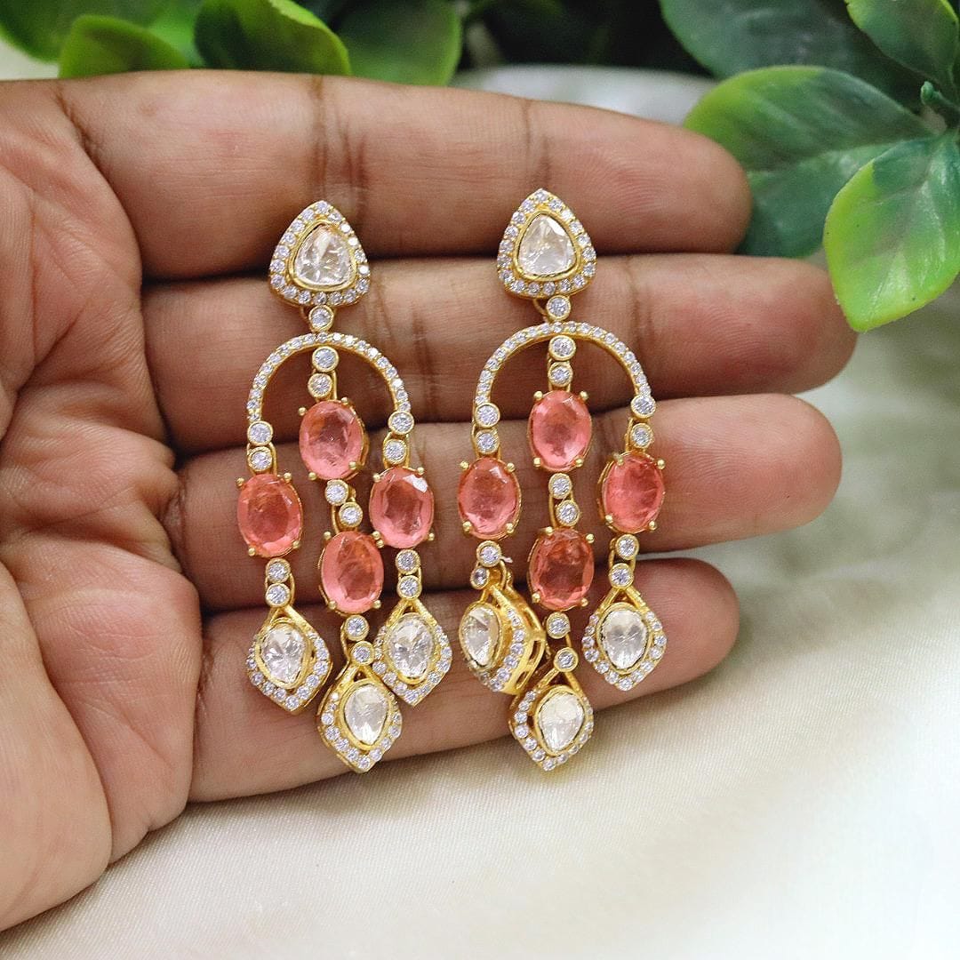 Emerald & Polki Diamond Drop Earrings Gold-Plated Bridal Statement Jewelry