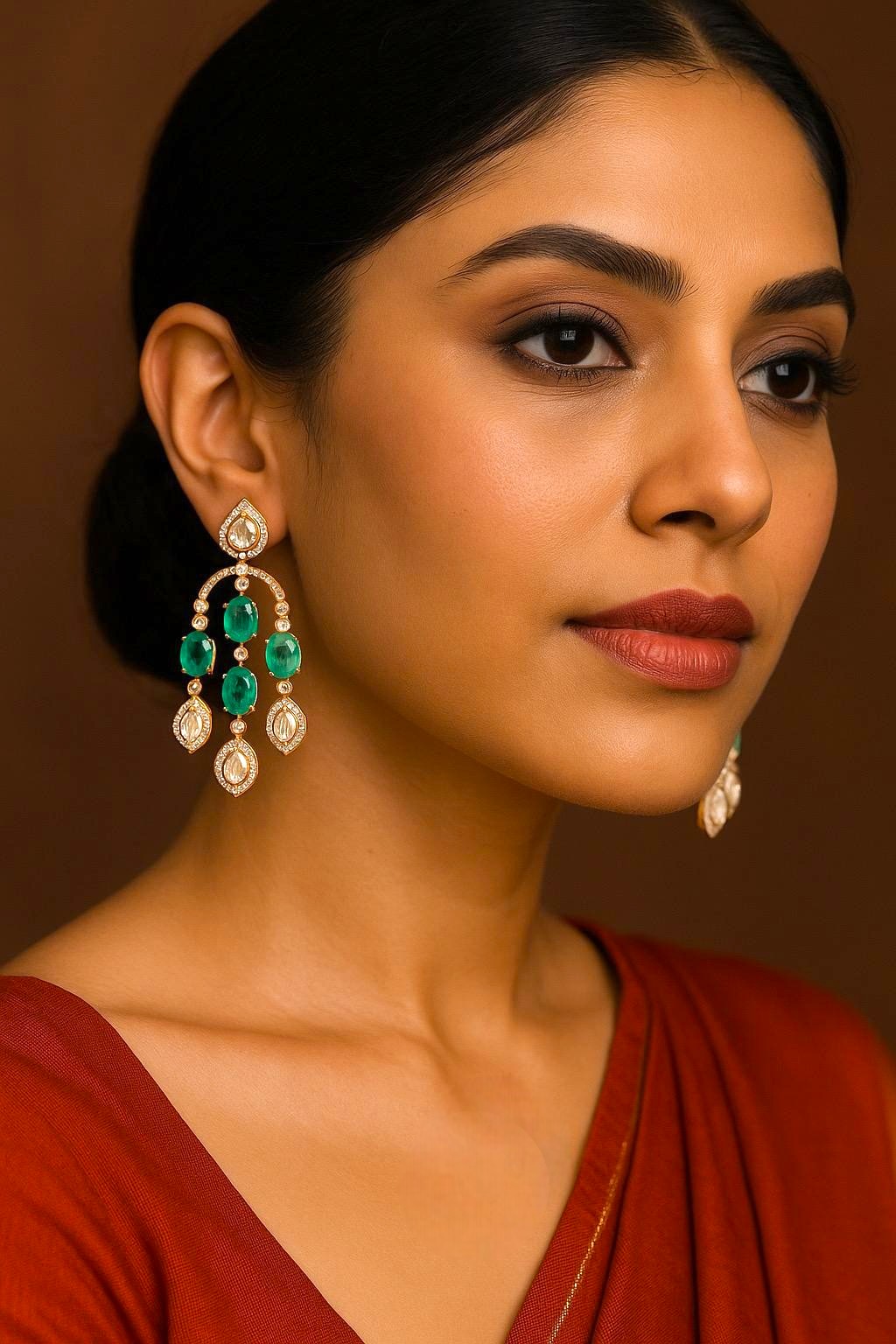 Emerald & Polki Diamond Drop Earrings Gold-Plated Bridal Statement Jewelry