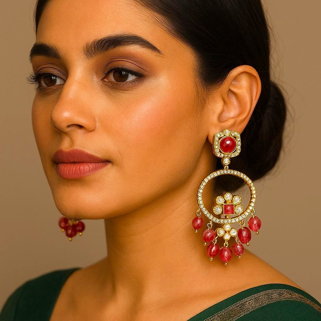 Elegant Ruby & Polki Drop Earrings with Crystal Beads Gold Finish Bridal Statement Jewelry
