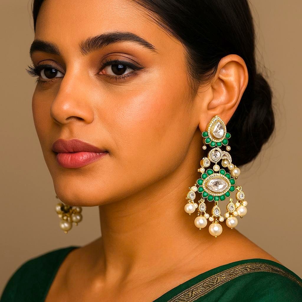 Green Meenakari Kundan Earrings with Pearl Drops Traditional Indian Bridal Jewelry
