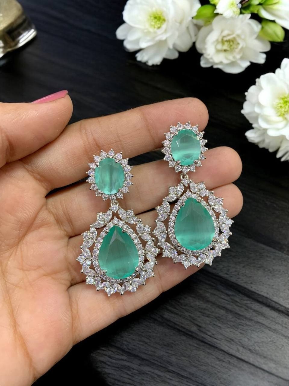 Emerald Green Teardrop CZ Statement Earrings Luxury Diamond Look Party Jewelry