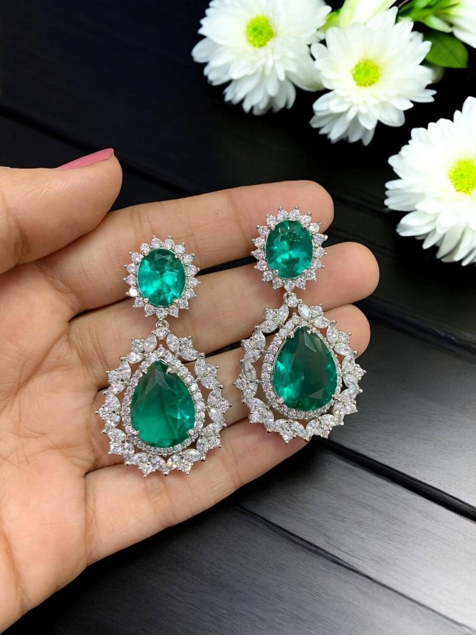 Emerald Green Teardrop CZ Statement Earrings Luxury Diamond Look Party Jewelry