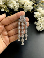 Sparkling Silver Triple Drop CZ Dangle Earrings – Elegant Long Statement Jewelry