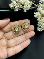 Elegant Floral Kundan Stud Earrings with Green Enamel Traditional Indian Jewelry