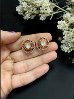 Elegant Floral Kundan Stud Earrings with Green Enamel Traditional Indian Jewelry