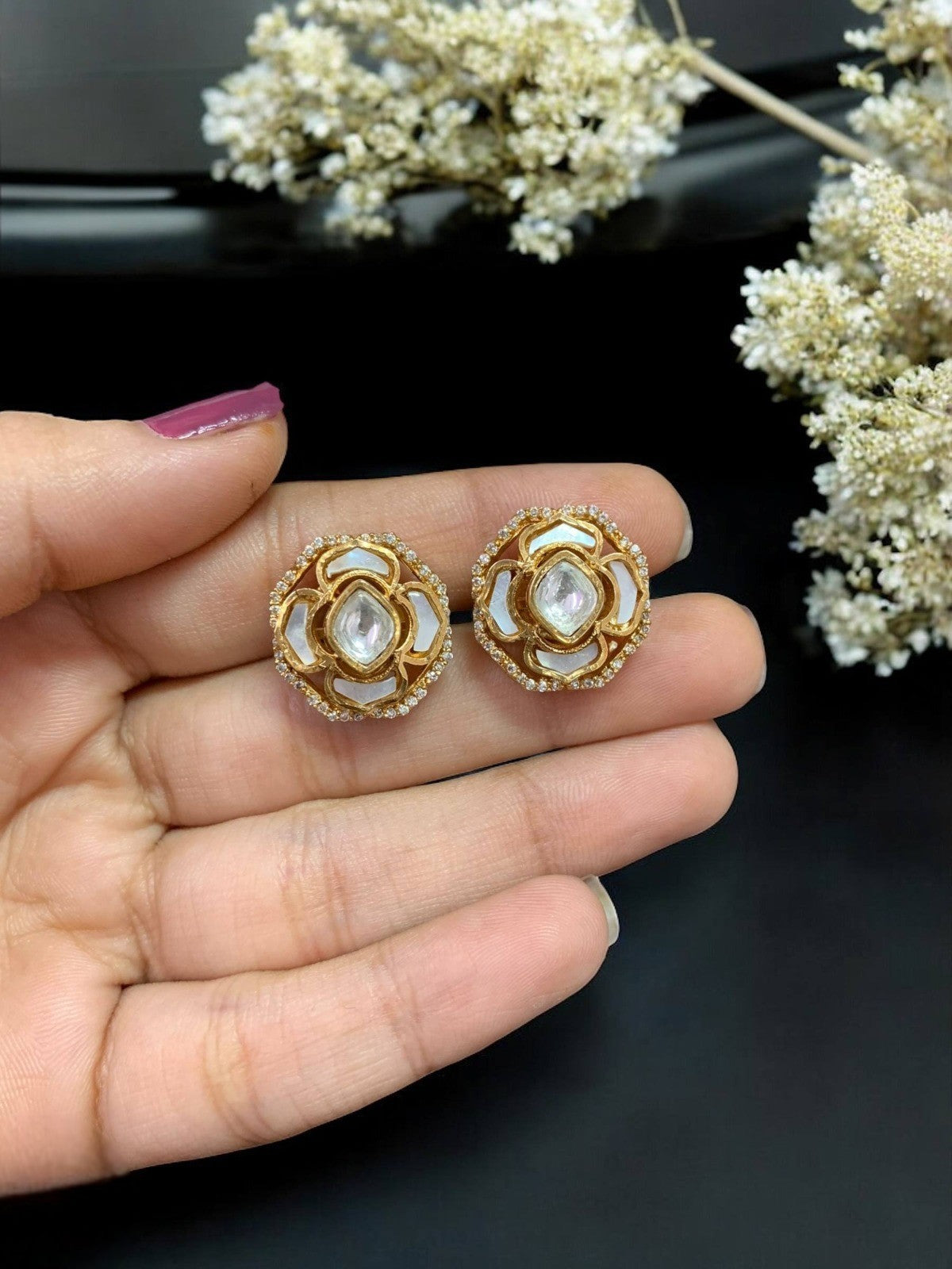 Elegant Floral Kundan Stud Earrings with Green Enamel Traditional Indian Jewelry