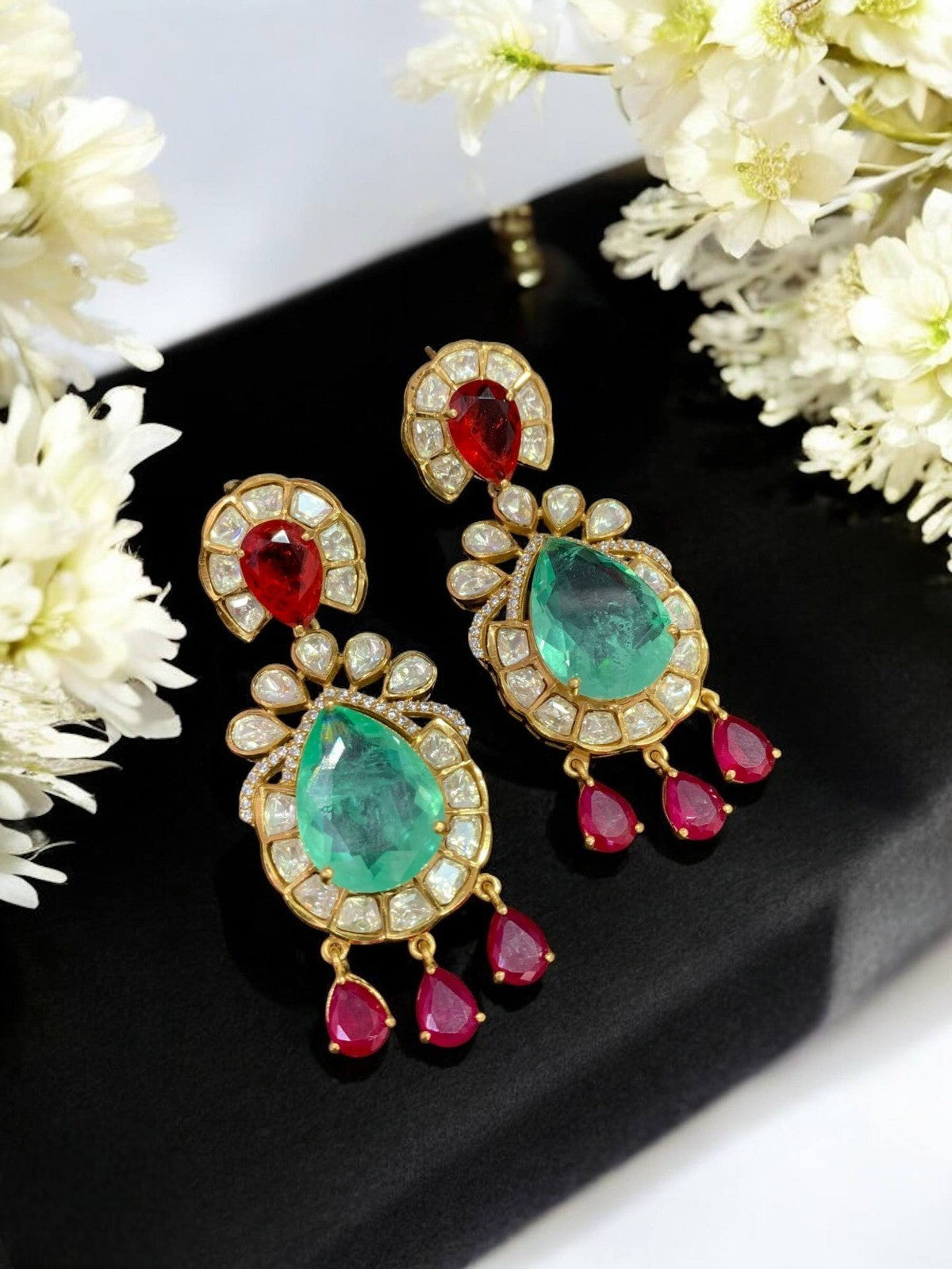 Elegant Emerald Green Kundan Drop Earrings – Gold Plated Wedding & Party Jewelry