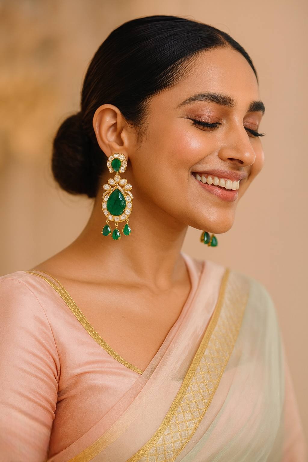 Elegant Emerald Green Kundan Drop Earrings – Gold Plated Wedding & Party Jewelry