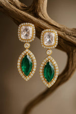 Gold Plated Emerald & Diamond Studded Drop Earrings for Women | Green Stone Party Wear & Wedding Jewelry