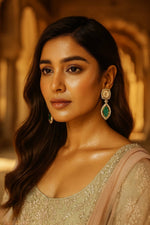 Gold Plated Emerald & Diamond Studded Drop Earrings for Women | Green Stone Party Wear & Wedding Jewelry