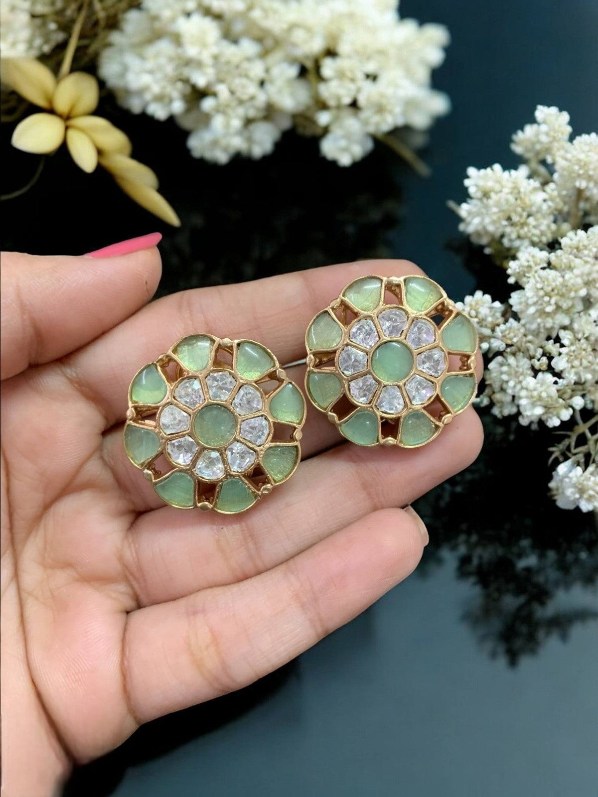 Floral Green Stone Stud Earrings | Gold Plated Party & Ethnic Jewelry for Women