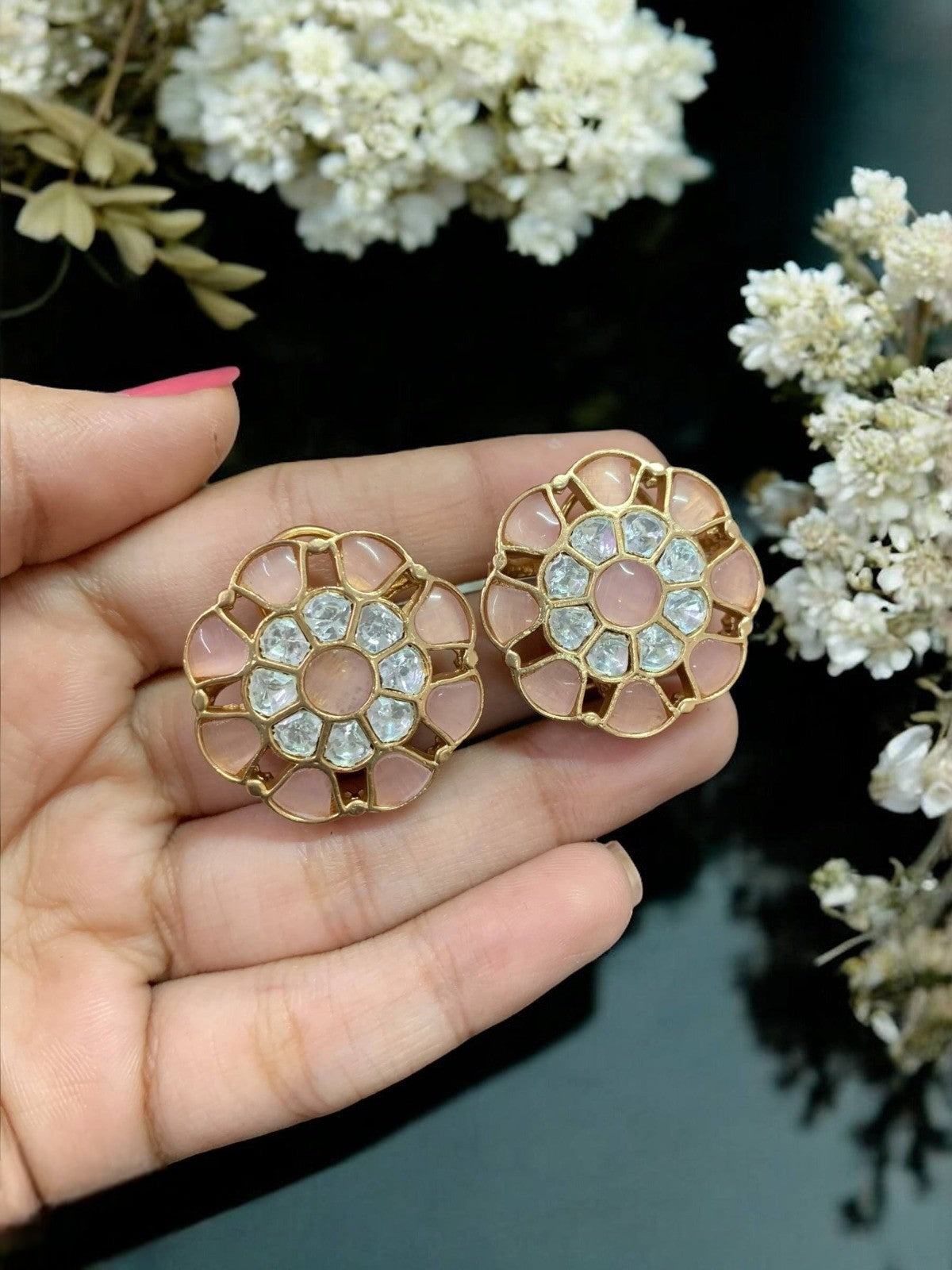 Floral Green Stone Stud Earrings | Gold Plated Party & Ethnic Jewelry for Women