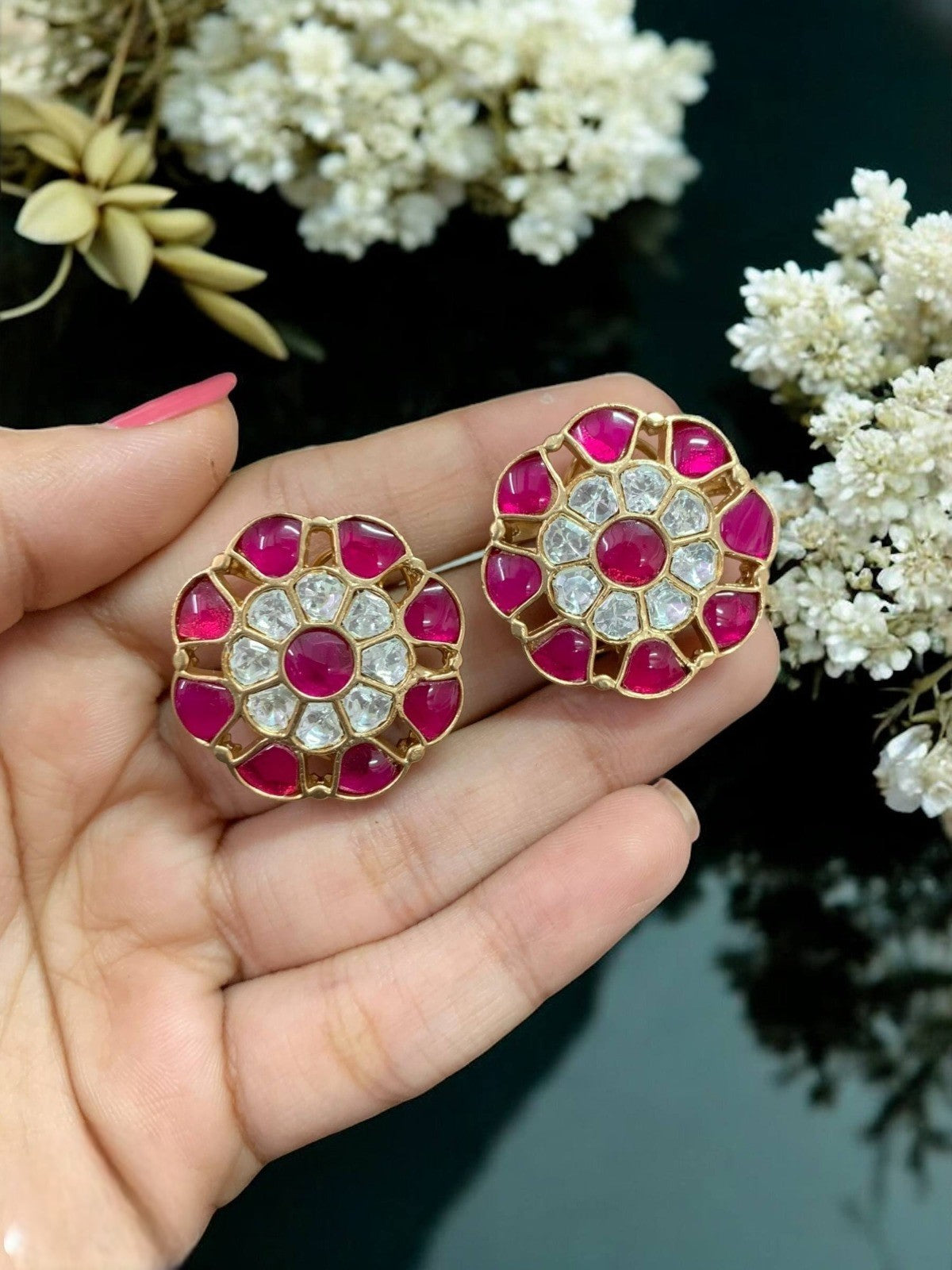 Floral Green Stone Stud Earrings | Gold Plated Party & Ethnic Jewelry for Women
