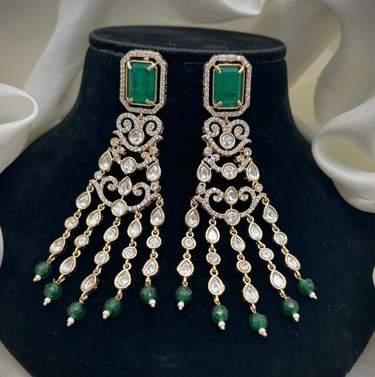 Gold Plated Green Stone Long Chandbali Earrings | Bridal & Party Wear Statement Jewelry