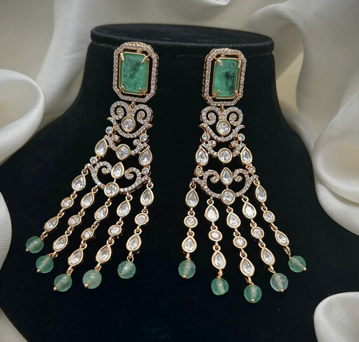 Gold Plated Green Stone Long Chandbali Earrings | Bridal & Party Wear Statement Jewelry