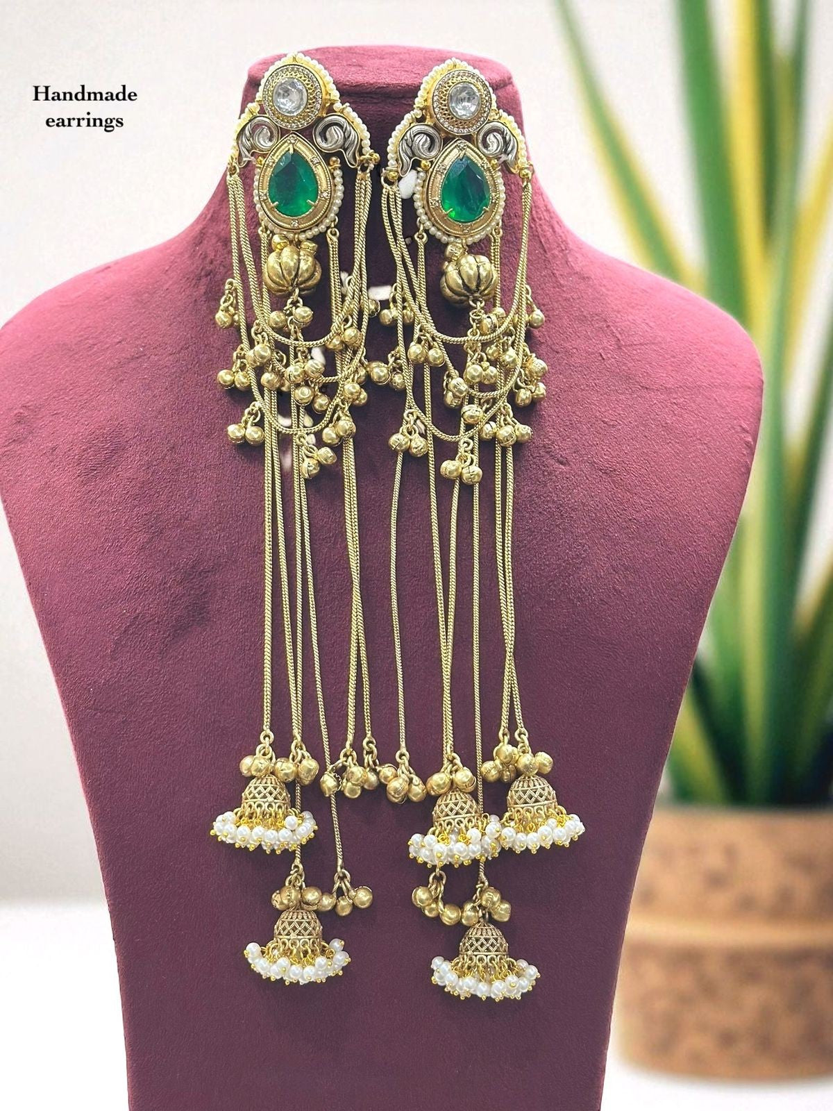 Handmade Long Green Stone Jhumka Earrings – Traditional Bridal & Festive Jewelry