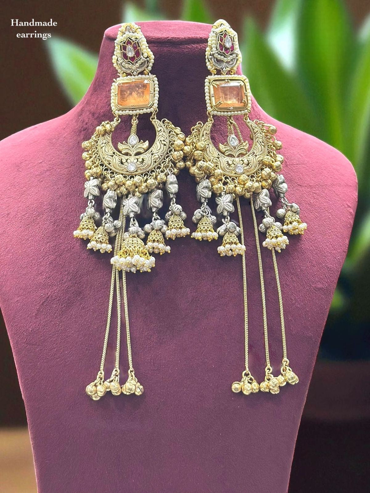 Handmade Long Yellow Stone Jhumka Chandbali Earrings – Bridal & Festive Jewelry