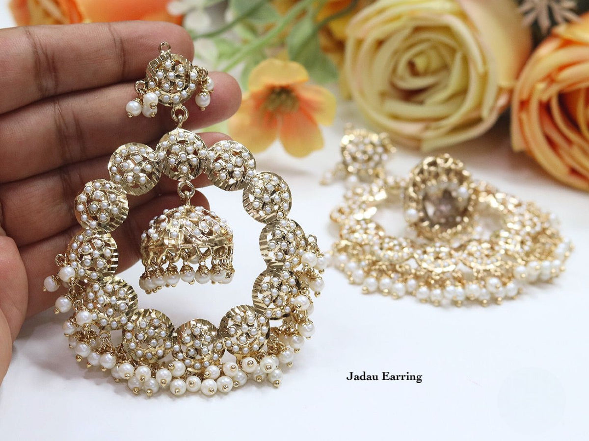 Blue Meenakari Jadau Hoop Earrings with Pearl Drops – Traditional Indian Jewelry