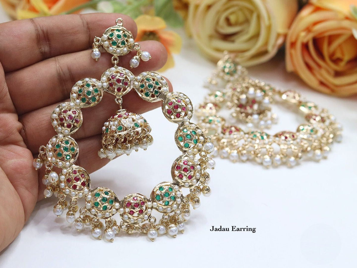 Blue Meenakari Jadau Hoop Earrings with Pearl Drops – Traditional Indian Jewelry