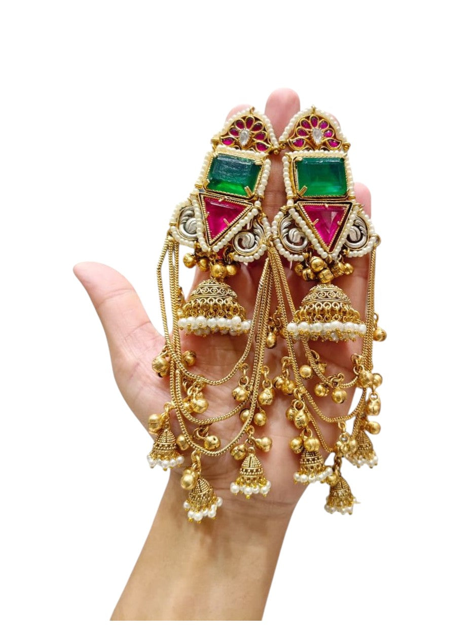 Emerald & Ruby Jhumka Earrings with Pearls – Traditional Indian Jewelry