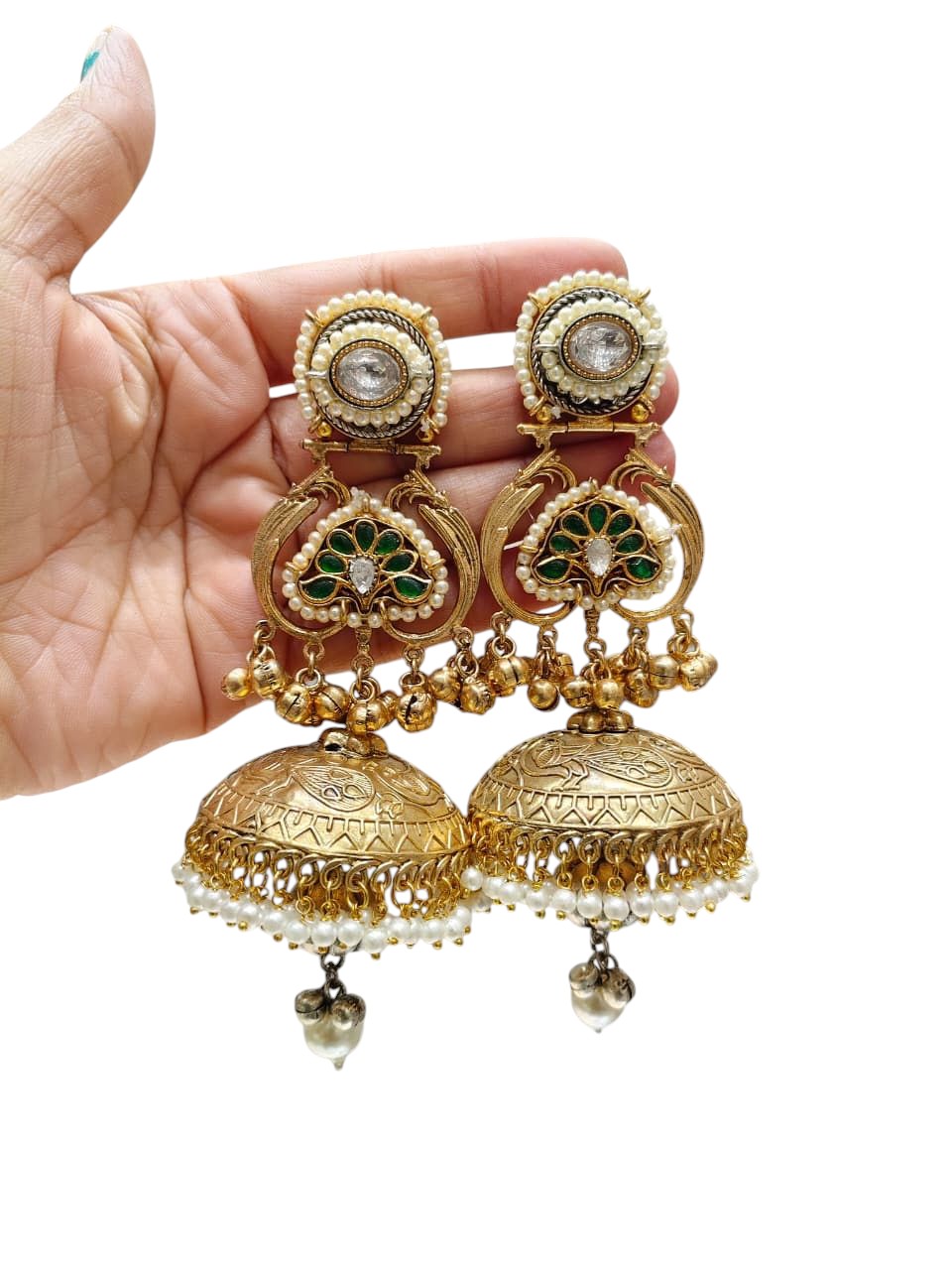 Classic Jhumka Earrings with Emerald Green Accents, Kundan & Pearl Drops
