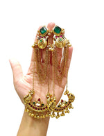 Grand Gold Plated Peacock Kalash Earrings with Emerald Stones, Multi-Chain Saharas & Pearl Accents