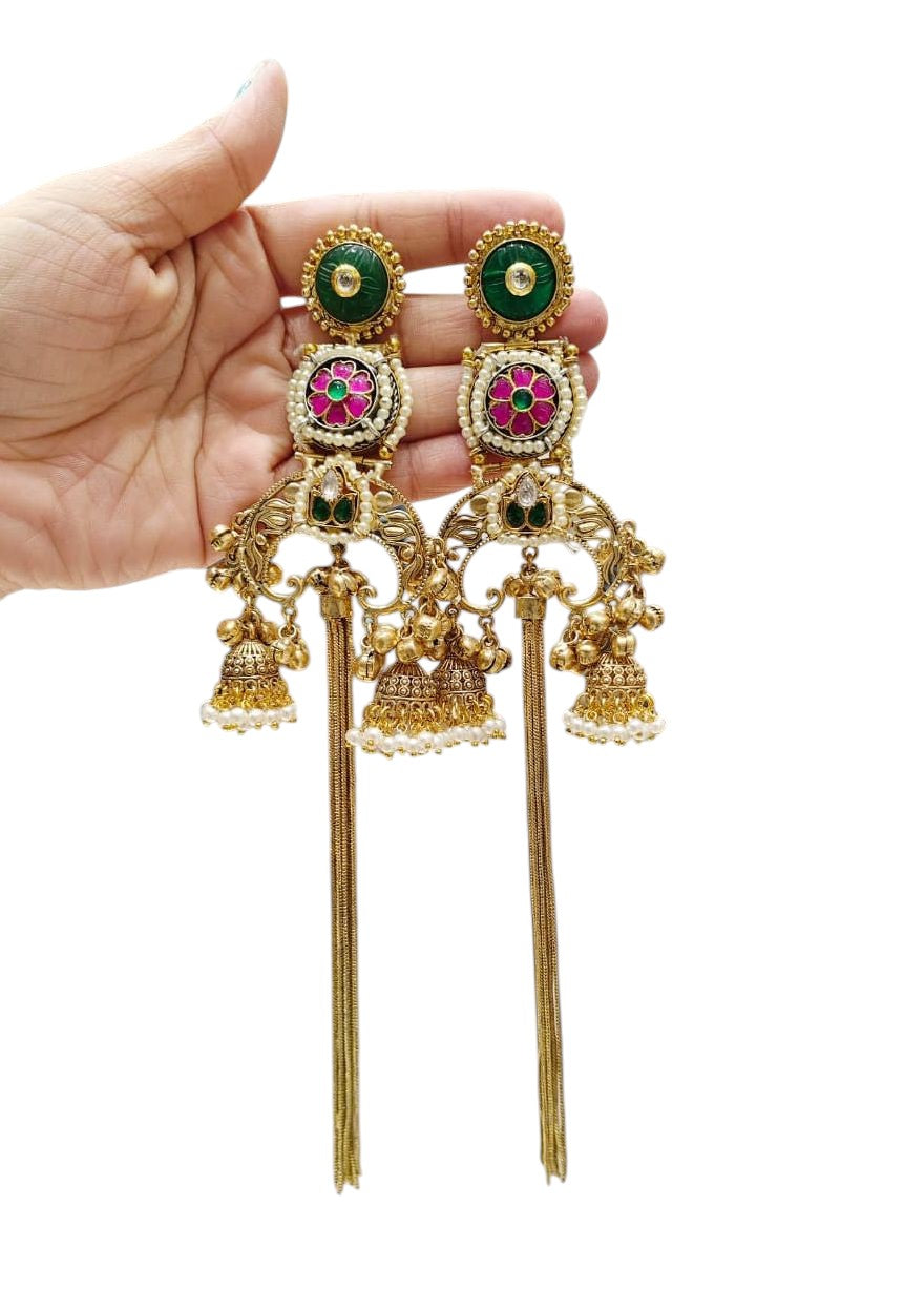 Vibrant Jhumka Earrings with Ruby & Emerald Stones, Pearl Drops & Attached Sahara Chains - Grand Traditional Gold Plated