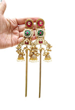 Vibrant Jhumka Earrings with Ruby & Emerald Stones, Pearl Drops & Attached Sahara Chains - Grand Traditional Gold Plated