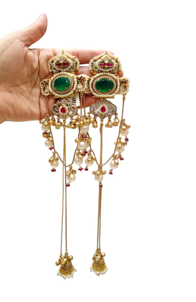 Regal Emerald & Ruby Jadau Earrings with Cascading Pearl Drops & Sahara Chains - Heavy Traditional Gold Plated