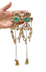 Regal Emerald & Ruby Jadau Earrings with Cascading Pearl Drops & Sahara Chains - Heavy Traditional Gold Plated