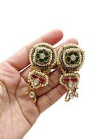 Regal Floral Stud Earrings with Emerald & Ruby Stones, Kundan & Pearls