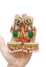 Grand Kundan & Meenakari Jhumka Earrings with Green Stones, Pearls & Ruby Beads