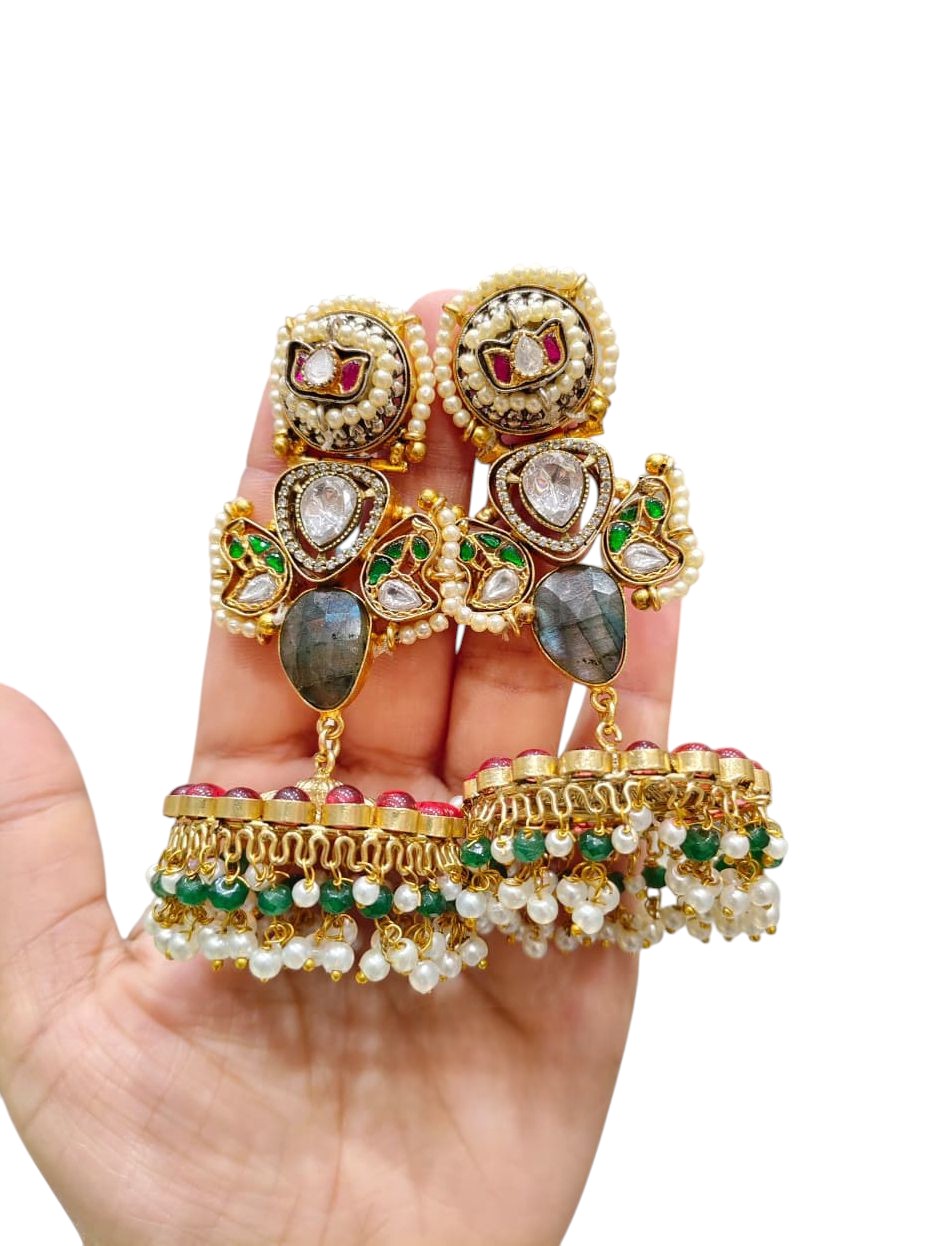 Grand Kundan & Meenakari Jhumka Earrings with Green Stones, Pearls & Ruby Beads