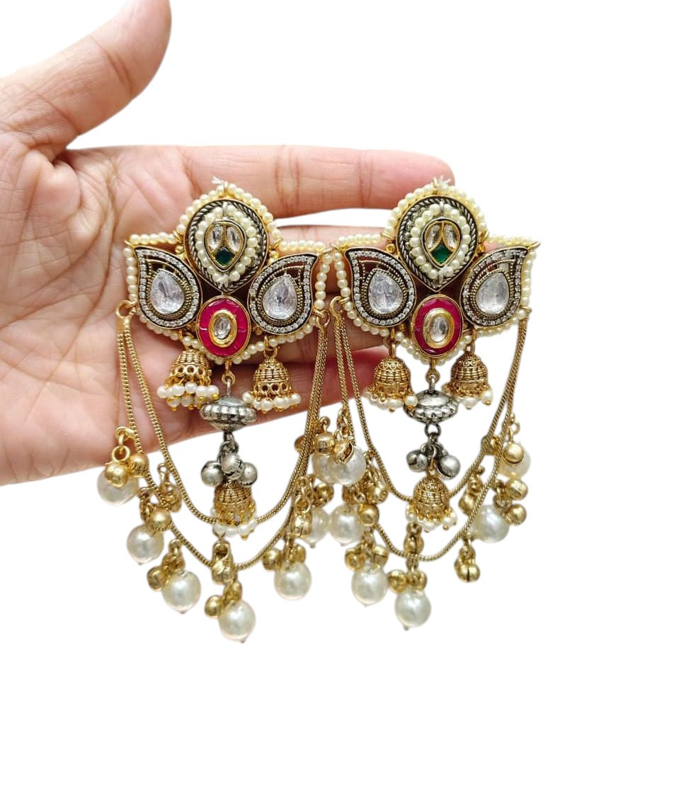 Royal Kundan Peacock Kalash Earrings with Emerald Accents, Multi-Chain Saharas & Pearl Drops – Bridal Jewelry